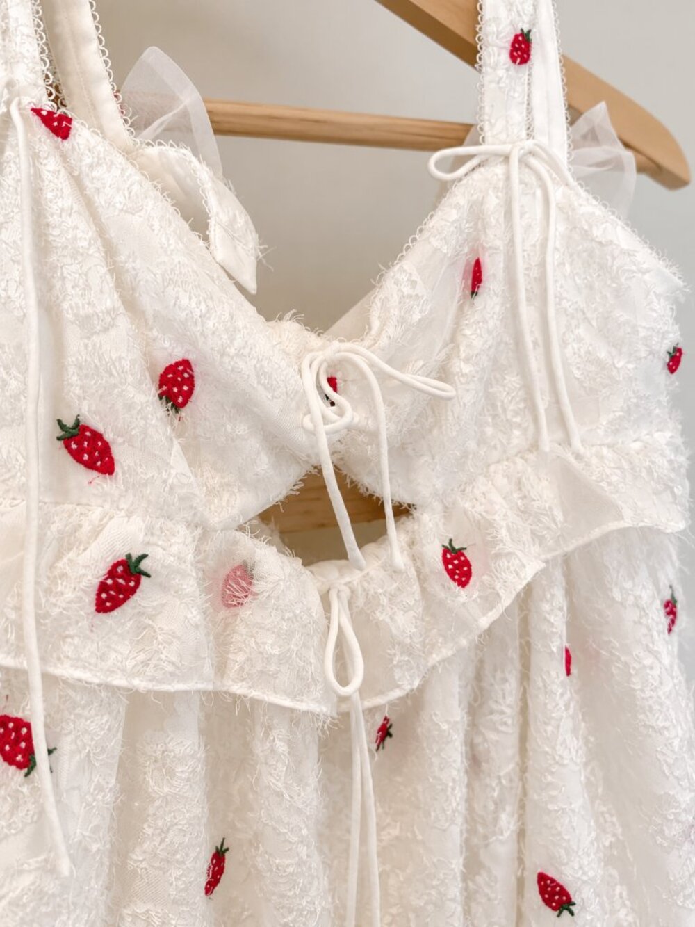 White Strawberry Lace Cottagecore Dress ⢠Romantic Coquette Mini Dress - Picture 4 of 4